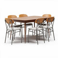 Dining table set with wooden top and metal frame for six in brown and gray