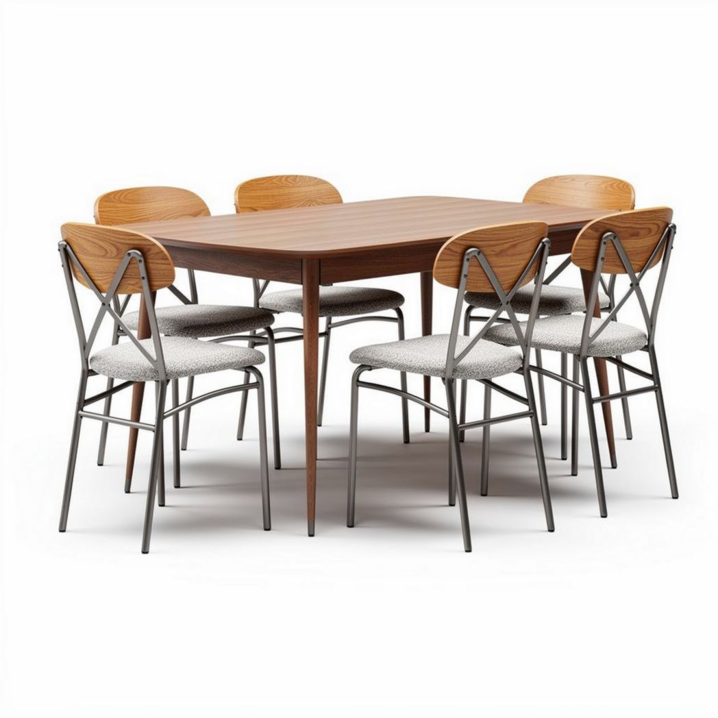Dining table set with wooden top and metal frame for six in brown and gray