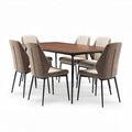 Rectangular dining table set with six upholstered chairs in brown and beige 180 x 90 x 75cm