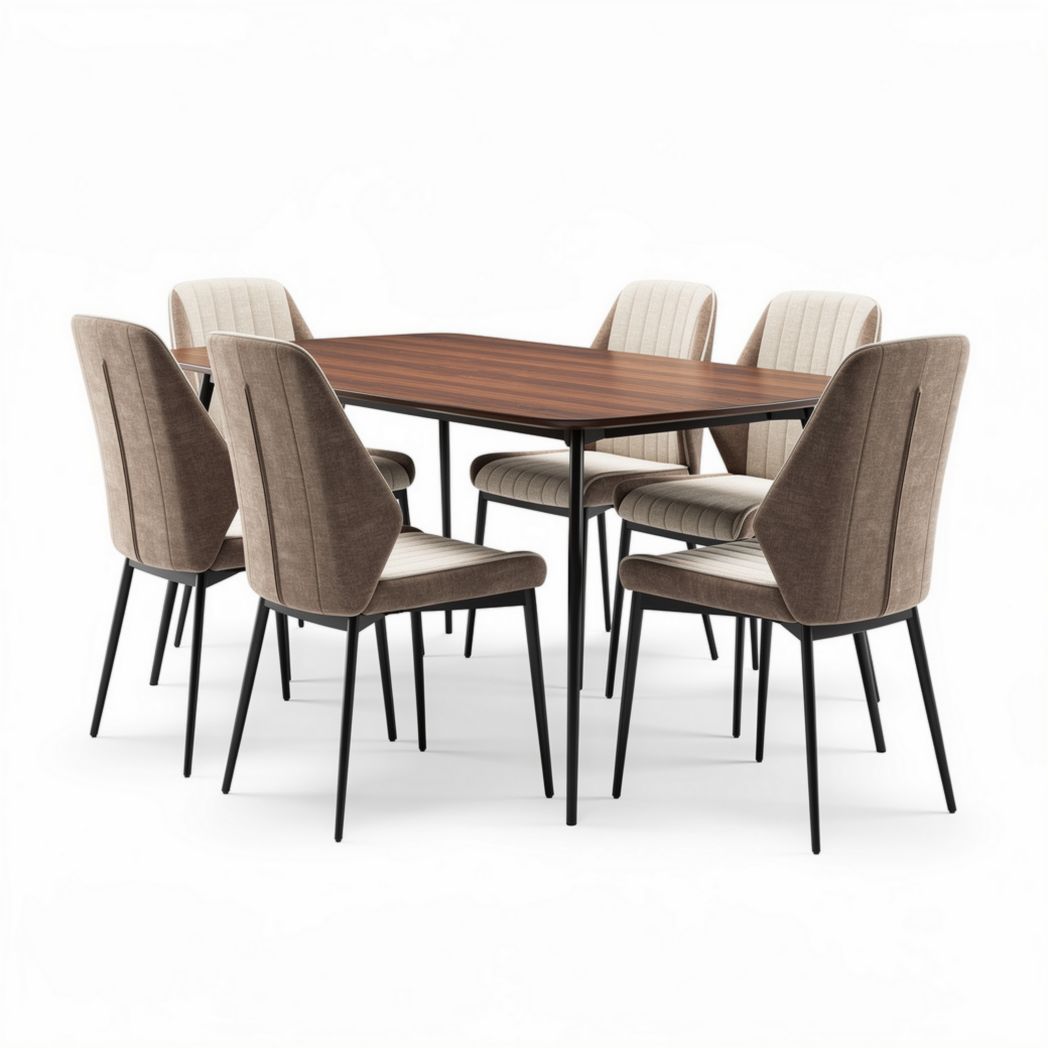 Rectangular dining table set with six upholstered chairs in brown and beige 180 x 90 x 75cm