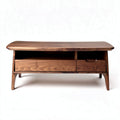 Walnut wood coffee table with open shelf and storage drawer 120 x 50 x 45cm