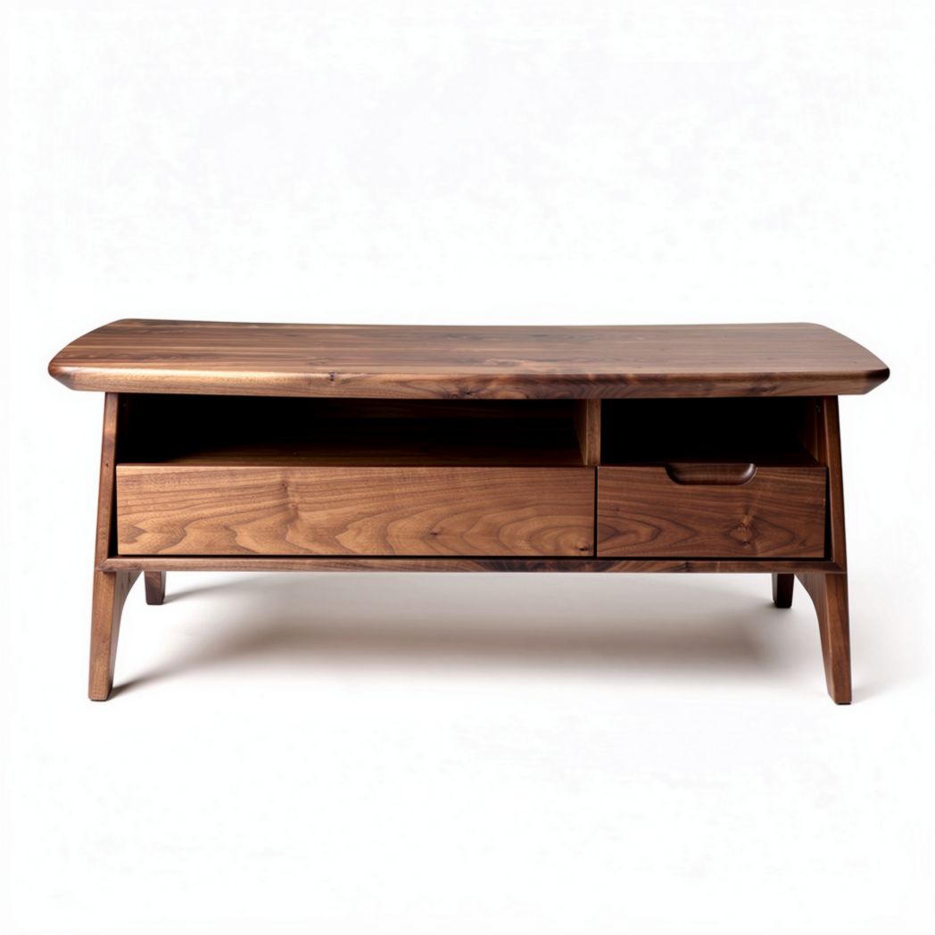 Walnut wood coffee table with open shelf and storage drawer 120 x 50 x 45cm