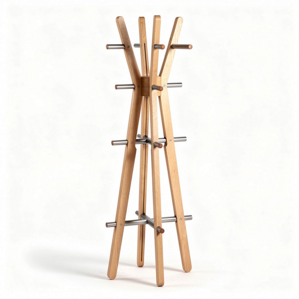 Wooden coat rack with metal hooks for hallway 30 x 30 x 150cm
