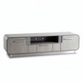Modern grey wood TV stand with multiple storage compartments 60 x 15 x 18 inches