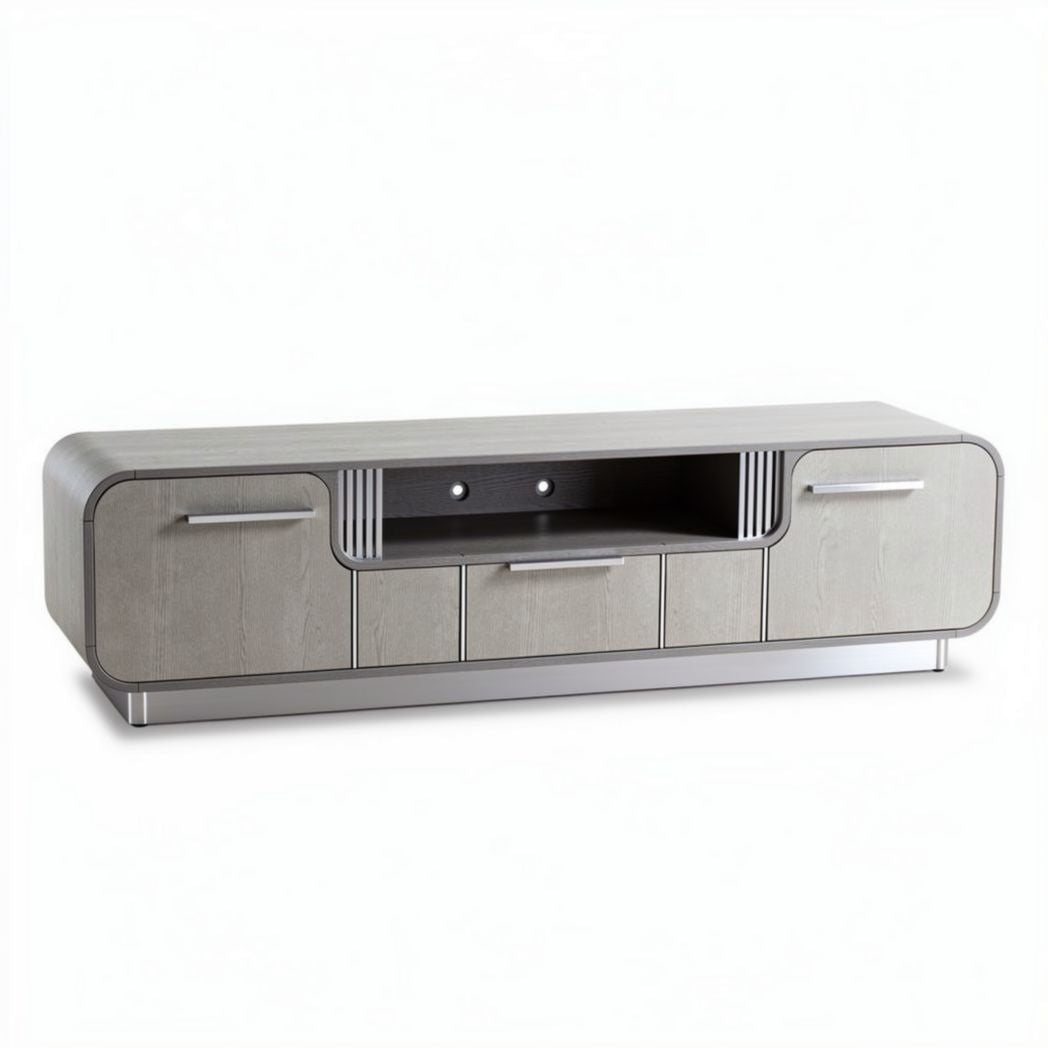 Modern grey wood TV stand with multiple storage compartments 60 x 15 x 18 inches